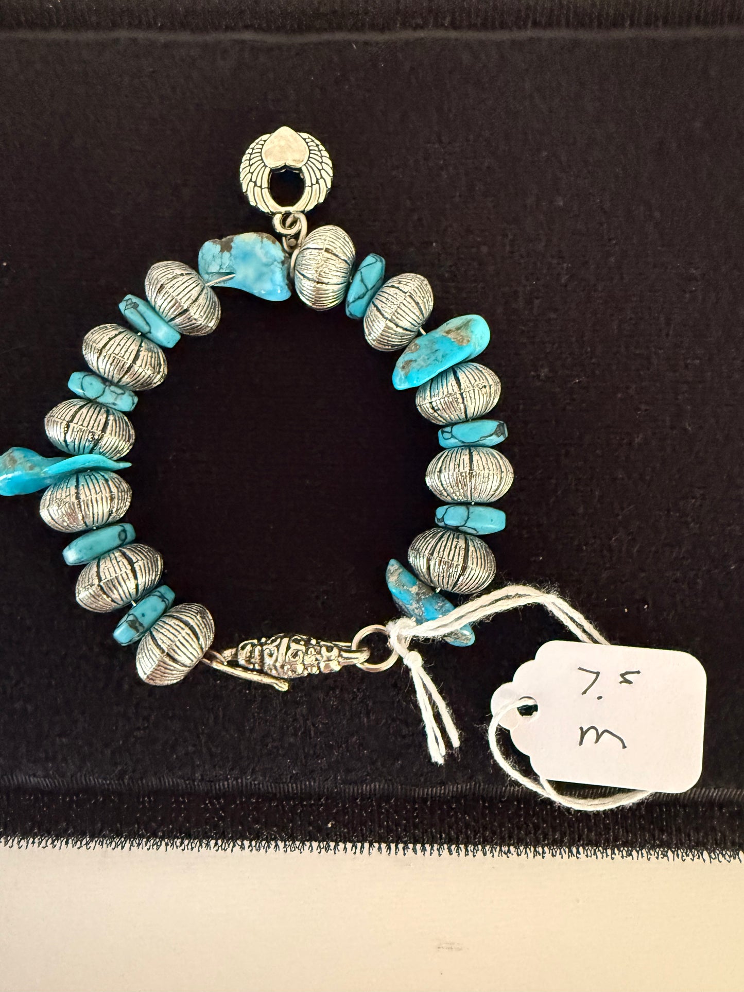 Silver and Turquoise 8 Inch Hand Beaded Bracelet One‑of‑a‑Kind