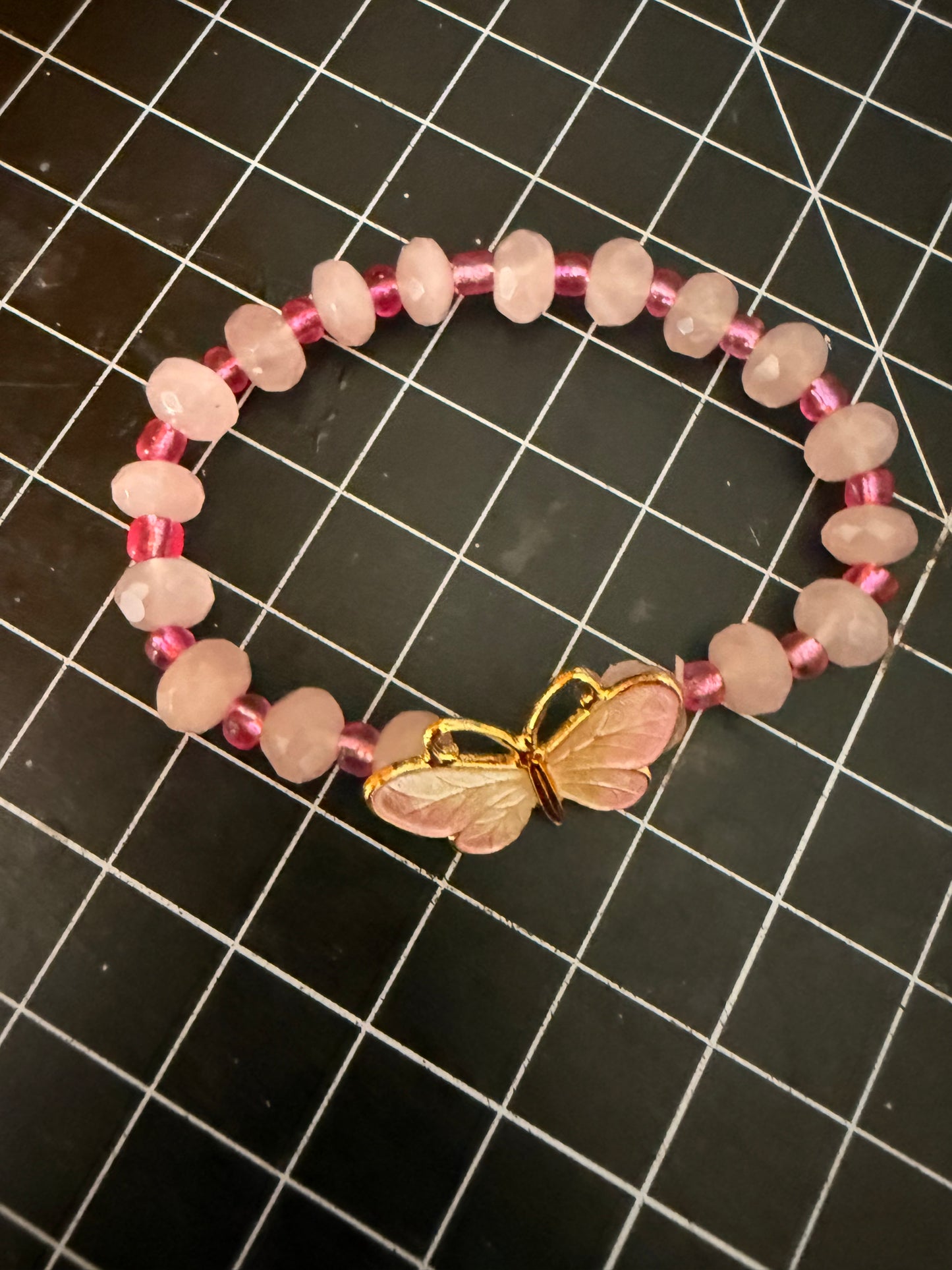 Handcrafted 7-Inch Women's Pink Rose Quartz Beaded Bracelet with Gold Butterfly