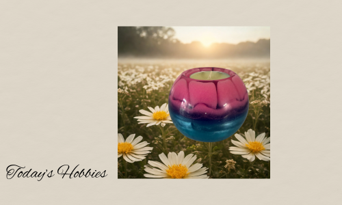 Today’s Hobbies artistic resin home decor piece in pink and blue colors displayed outdoors among daisies