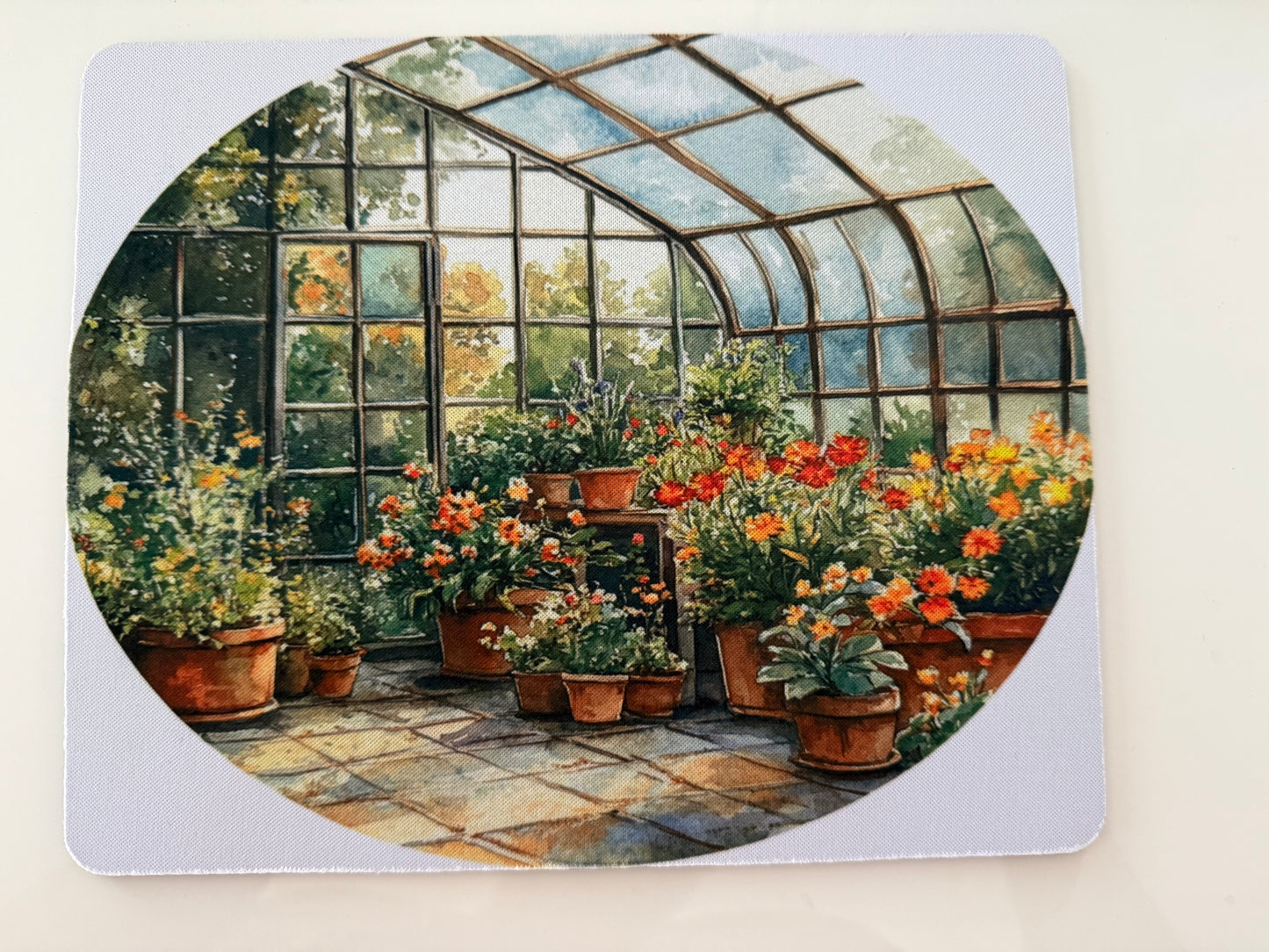 Today's Hobbies sublimation mat featuring a greenhouse scene with vibrant flowers perfect for handcrafted gift ideas