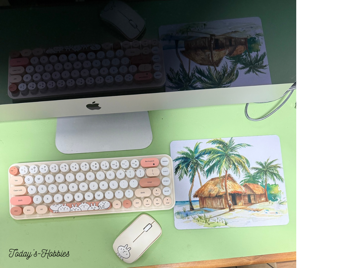 Today’s Hobbies sublimation mouse pad with tropical hut design and matching keyboard and mouse for handcrafted gift ideas