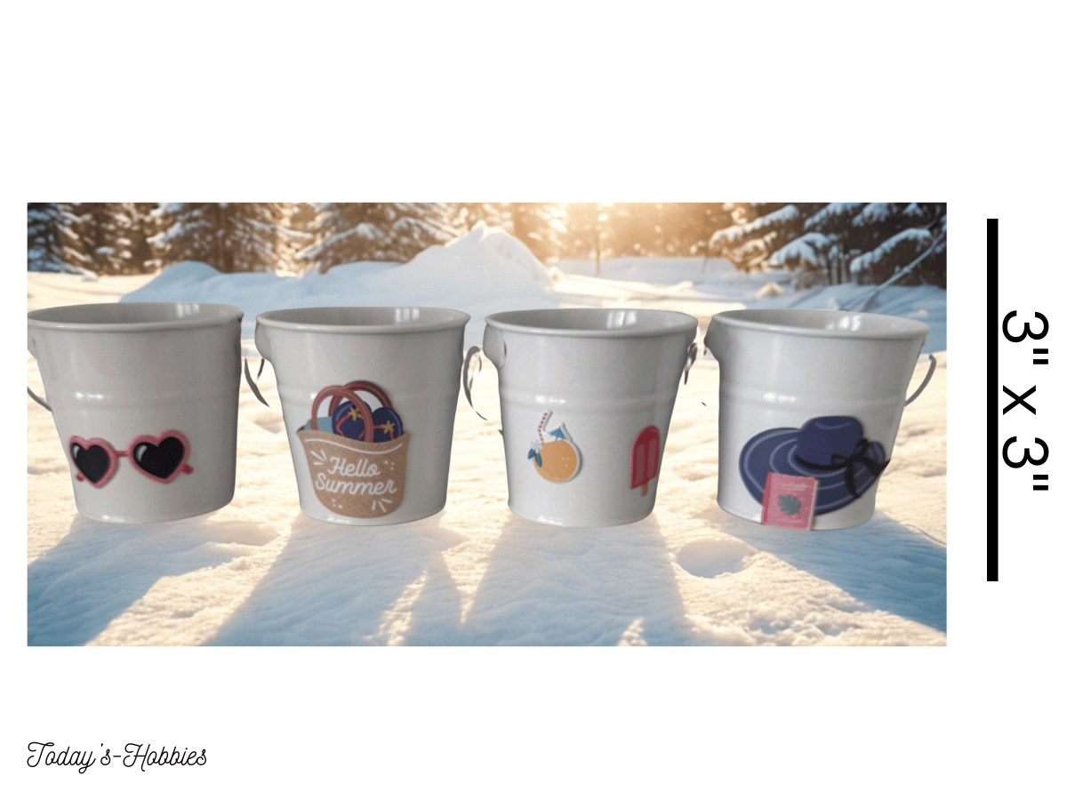 Handcrafted home organizer set of four decorative white tins with summer-themed designs by Today's Hobbies