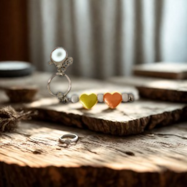 Today’s Hobbies handmade beaded keychain with yellow and orange heart beads on rustic wooden surface