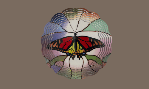 Today’s Hobbies outdoor wind spinner tin with colorful butterfly design and scalloped edges