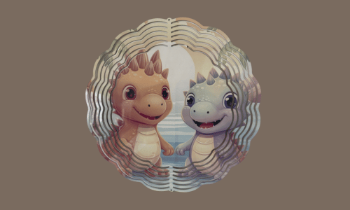 Today’s Hobbies tin outdoor wind spinner featuring smiling cartoon dinosaurs in a circular design