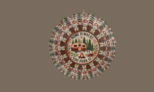 Today's Hobbies tin outdoor wind spinner with camper design and Home is Where You Park It text
