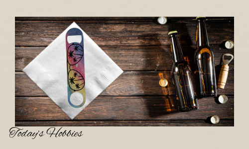 Colorful sublimation durable steel bottle opener with palm tree design on white napkin next to beer bottles