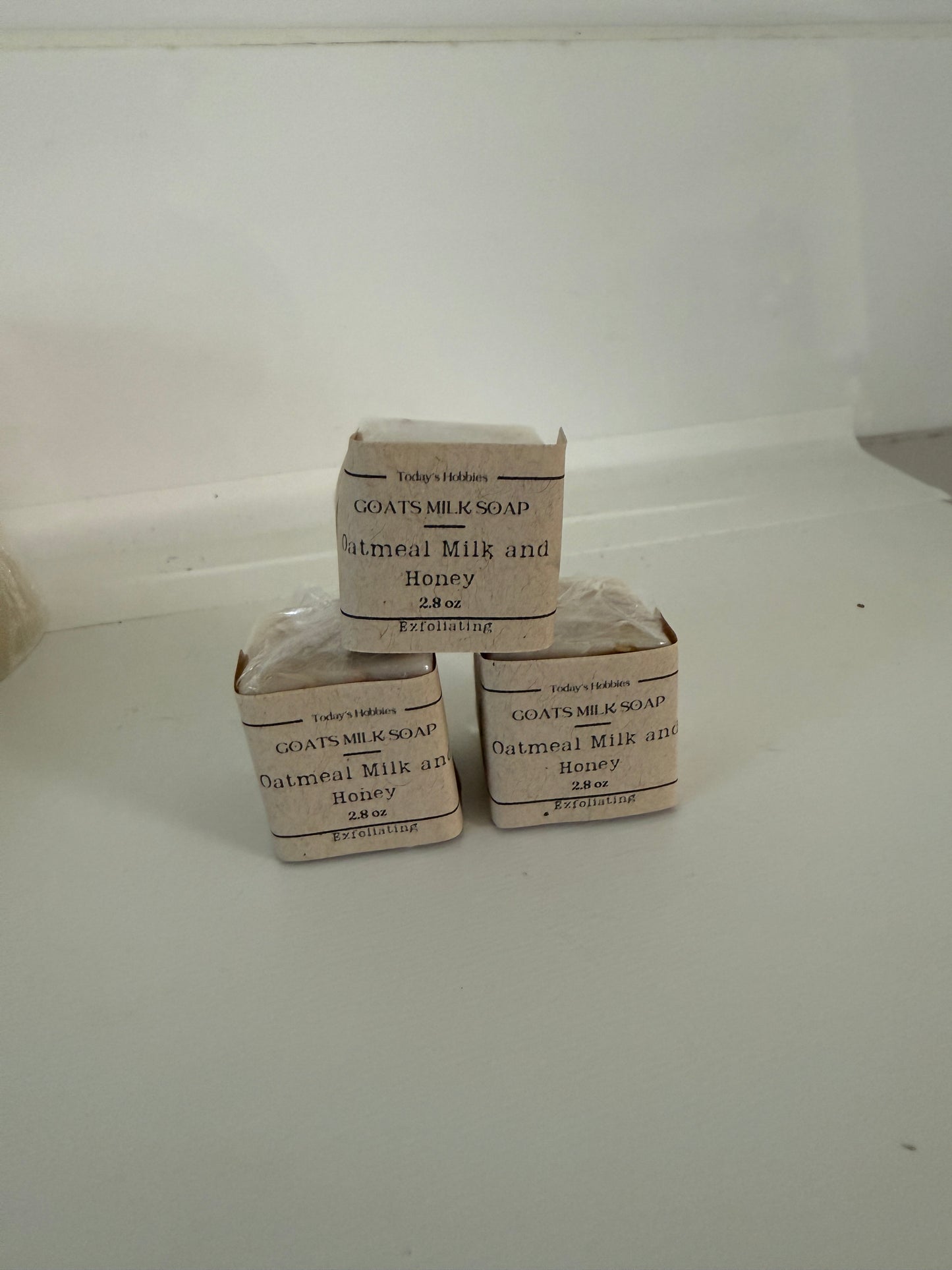 Today’s Hobbies goat milk oatmeal soap bars wrapped in rustic brown paper with oatmeal milk and honey label