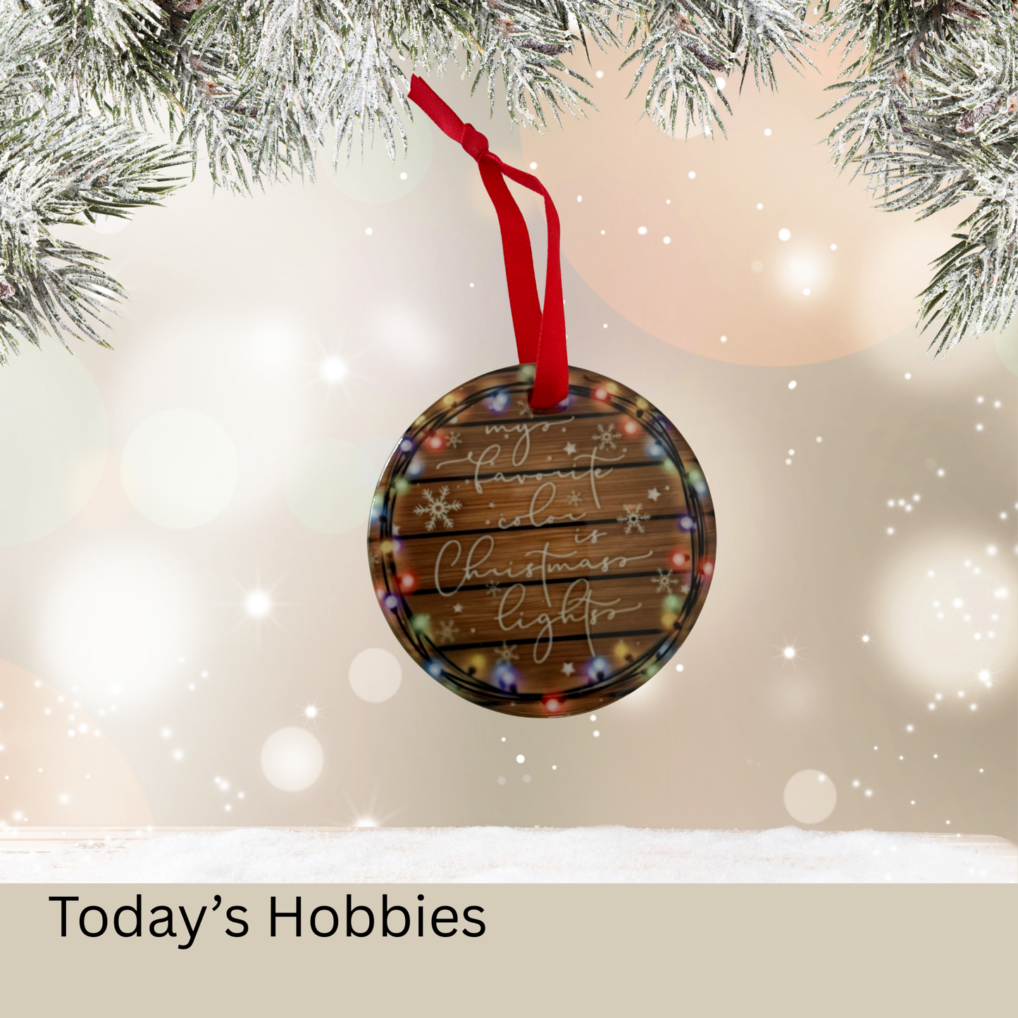 Handcrafted Christmas ornament for home made of sublimation glass with holiday lights design and red ribbon