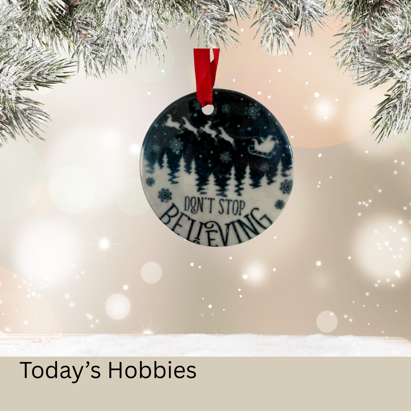 Handcrafted Christmas ornament for home with festive Santa sleigh and forest design on sublimation glass