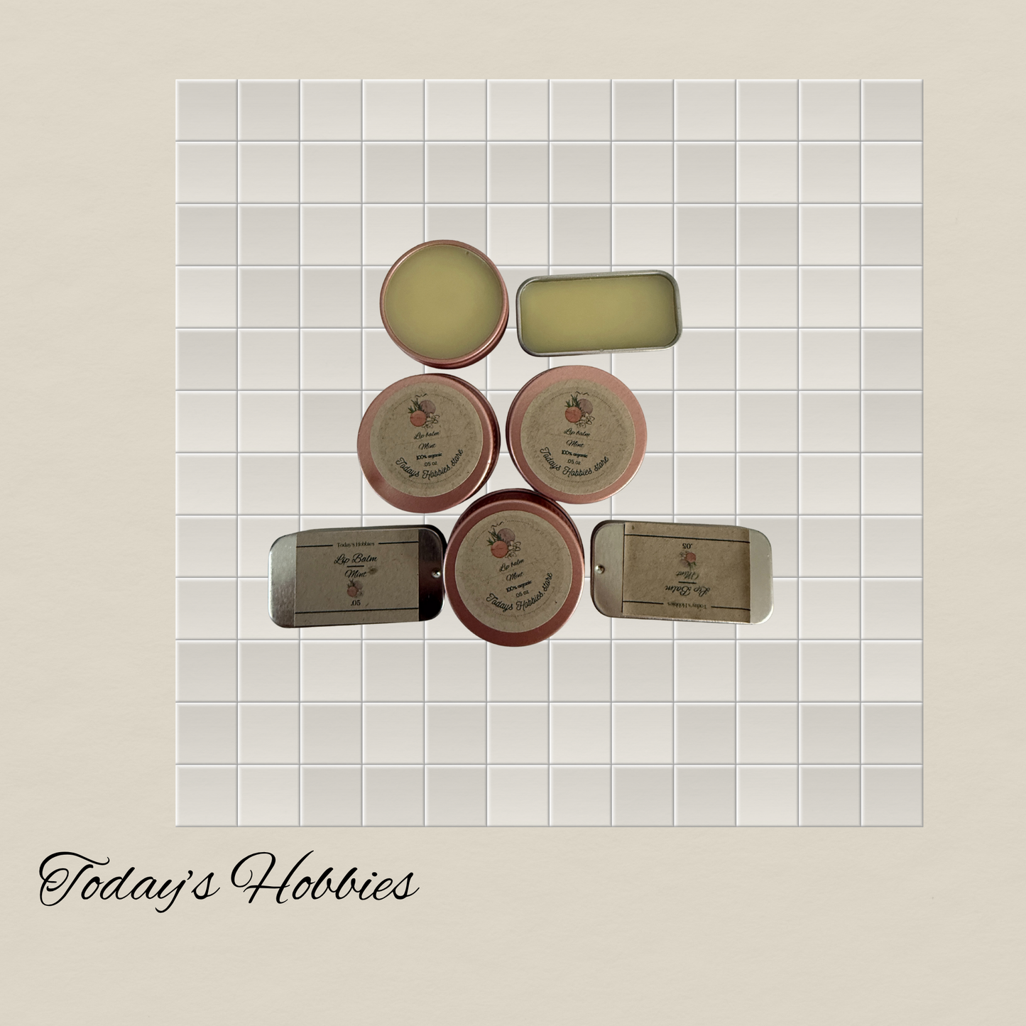 Today’s Hobbies handmade lip balm gift set with round and rectangular tins on a tiled surface