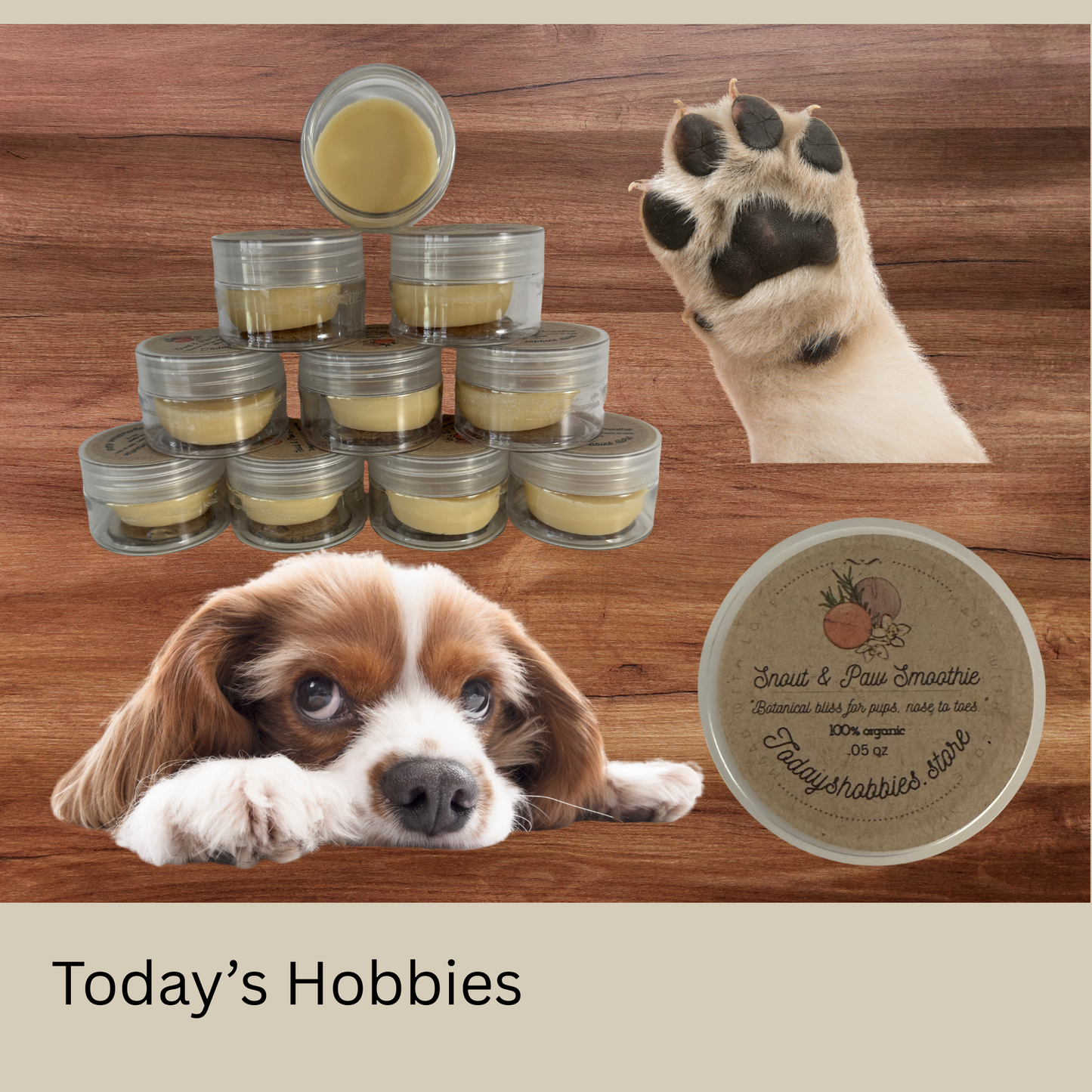 Today's Hobbies natural dog paw balm in small jars with a dog paw and dog face on wooden background