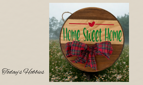 Wood pet themed welcome plaque with Home Sweet Home text and red plaid bow by Today’s Hobbies