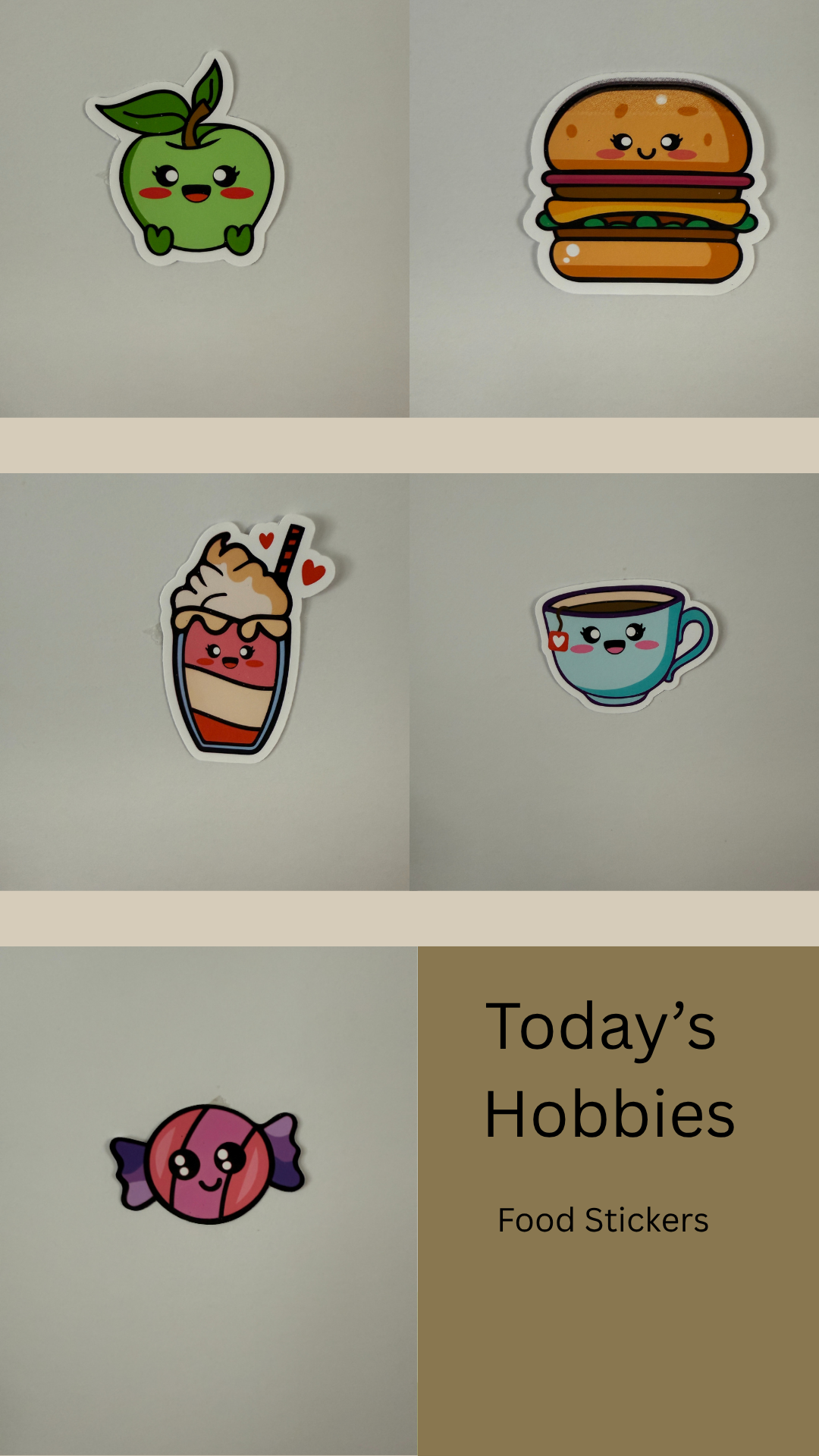 Today’s Hobbies premium weatherproof sticker pack featuring cute apple, burger, milkshake, coffee cup, and candy food designs