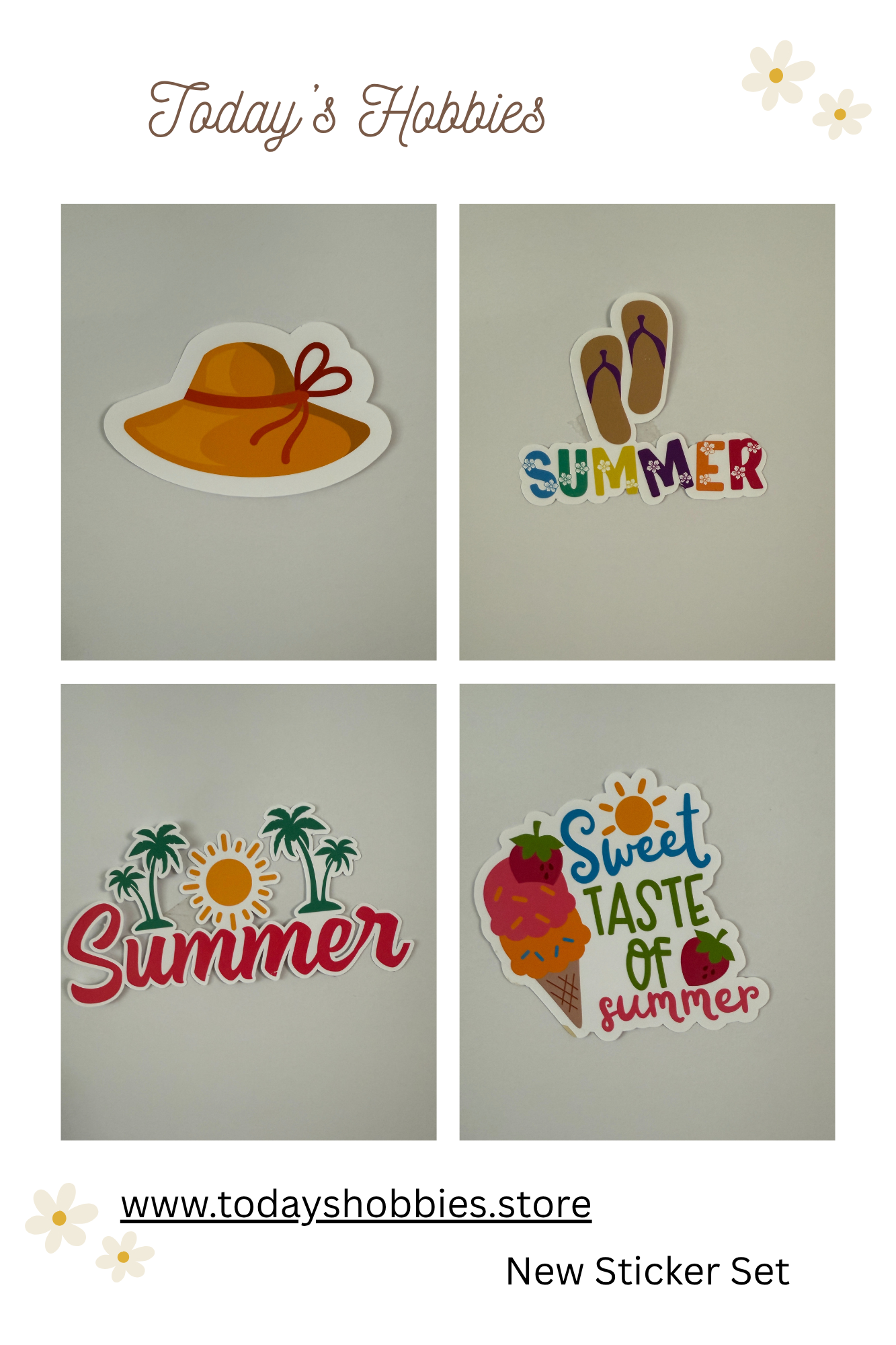 Today's Hobbies premium weatherproof sticker pack featuring summer hat flip-flops sun and ice cream designs