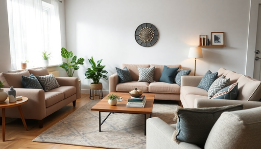 Cosy living room with sofas and home decor visible 