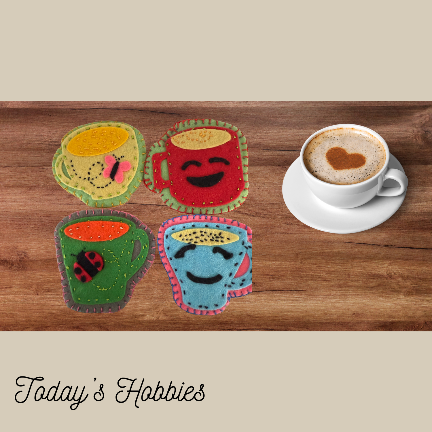 Felt coasters shaped like colorful coffee cups with a cappuccino cup featuring a heart design gift ideas for coffee lovers