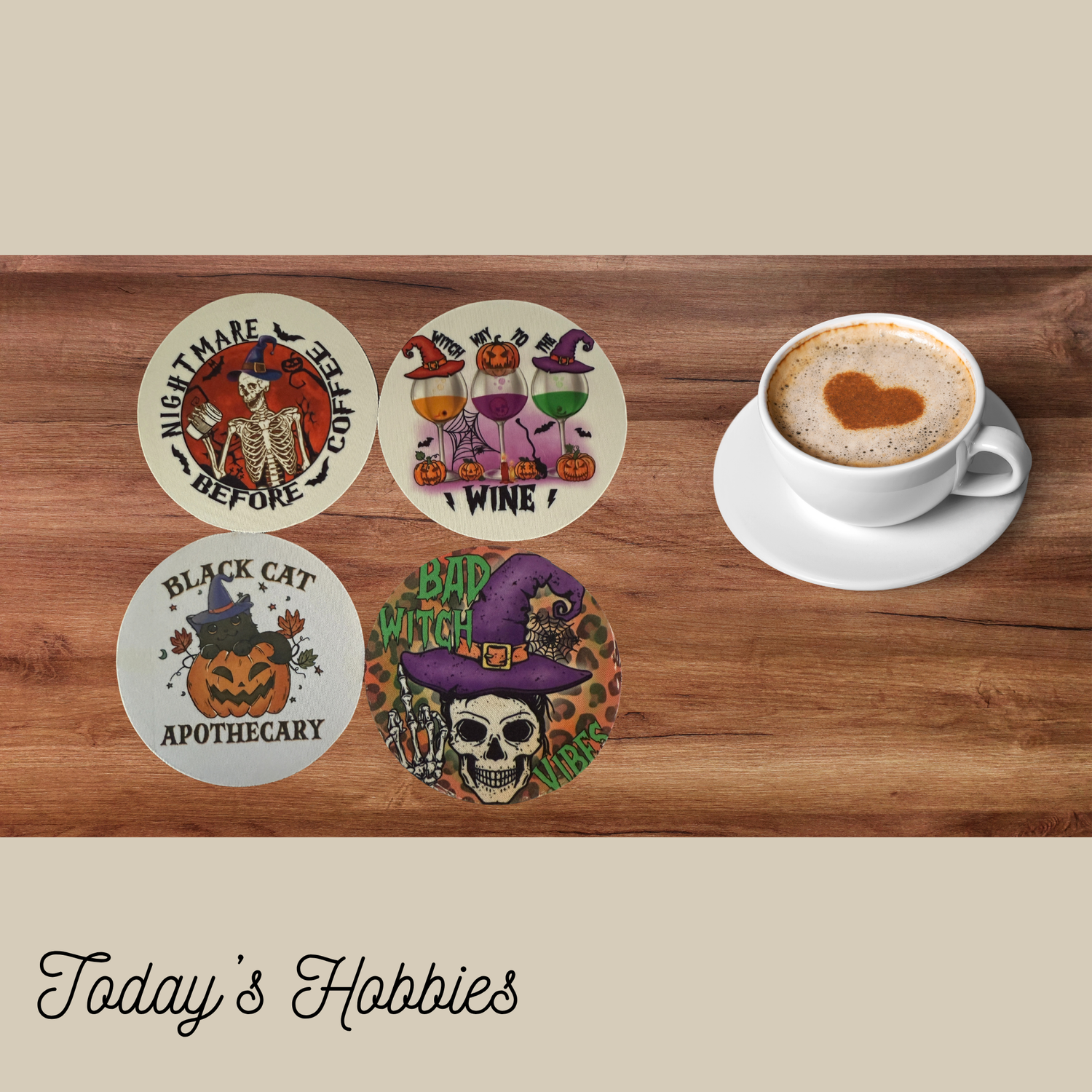 Handmade Halloween home decor coasters with spooky designs and a cup of coffee on wooden table