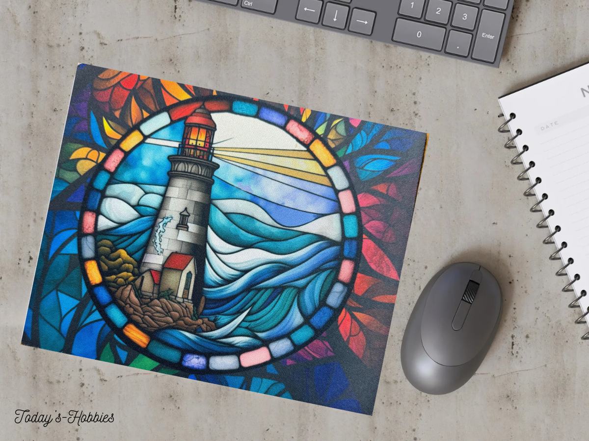 Colorful lighthouse mouse pad showcasing sublimation home decor with stained glass design next to wireless mouse and keyboard