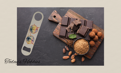 Steel handmade rustic kitchen and dining accessories including a bottle opener and cutting board with chocolate and spices