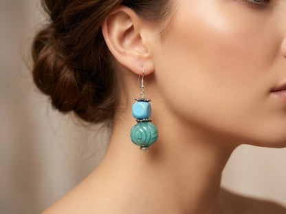 Turquoise and Wood Dangle Earrings – 1 Inch Handmade Boho Earrings