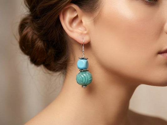 Turquoise and Wood Dangle Earrings – 1 Inch Handmade Boho Earrings