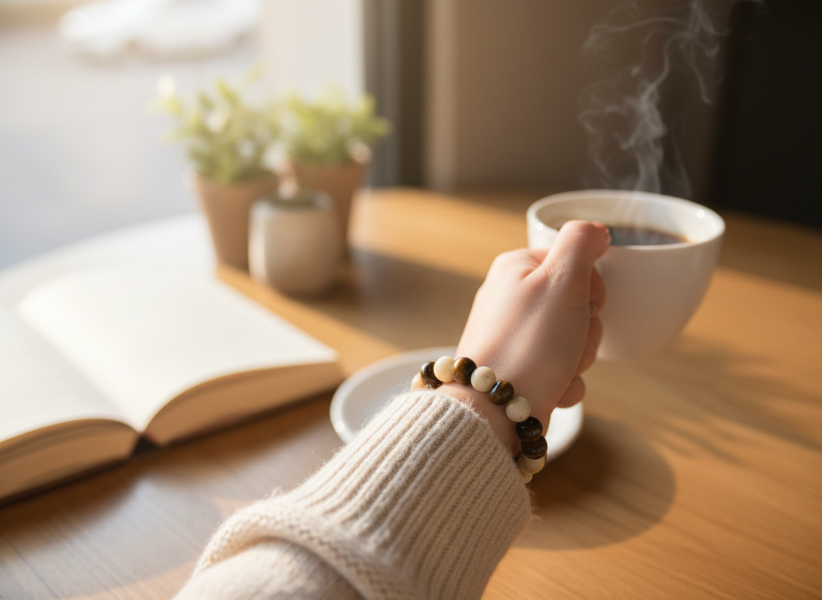 Handcrafted 7" Elastic Beaded Bracelet – Cream & Brown Gemstone‑Style Beads – Stretch Boho Bracelet for Everyday Wear & Gift Giving
