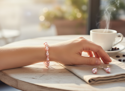 8" Pink Pearl Beaded Bracelet & Earring Set – Handmade by Today’s Hobbies