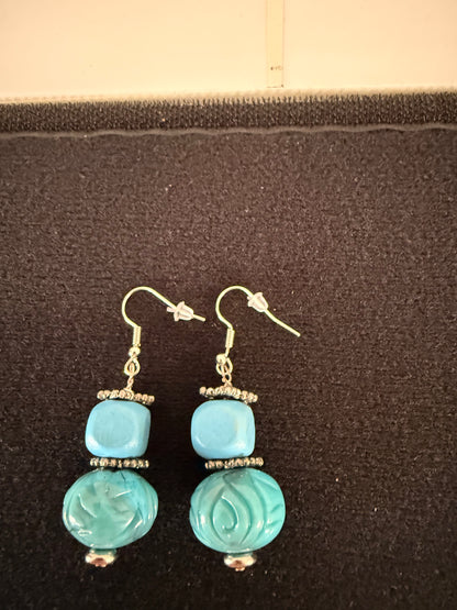 Turquoise and Wood Dangle Earrings – 1 Inch Handmade Boho Earrings