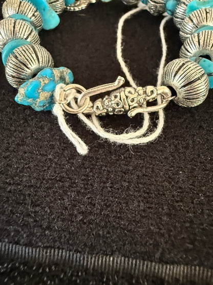 Silver and Turquoise 8 Inch Hand Beaded Bracelet One‑of‑a‑Kind