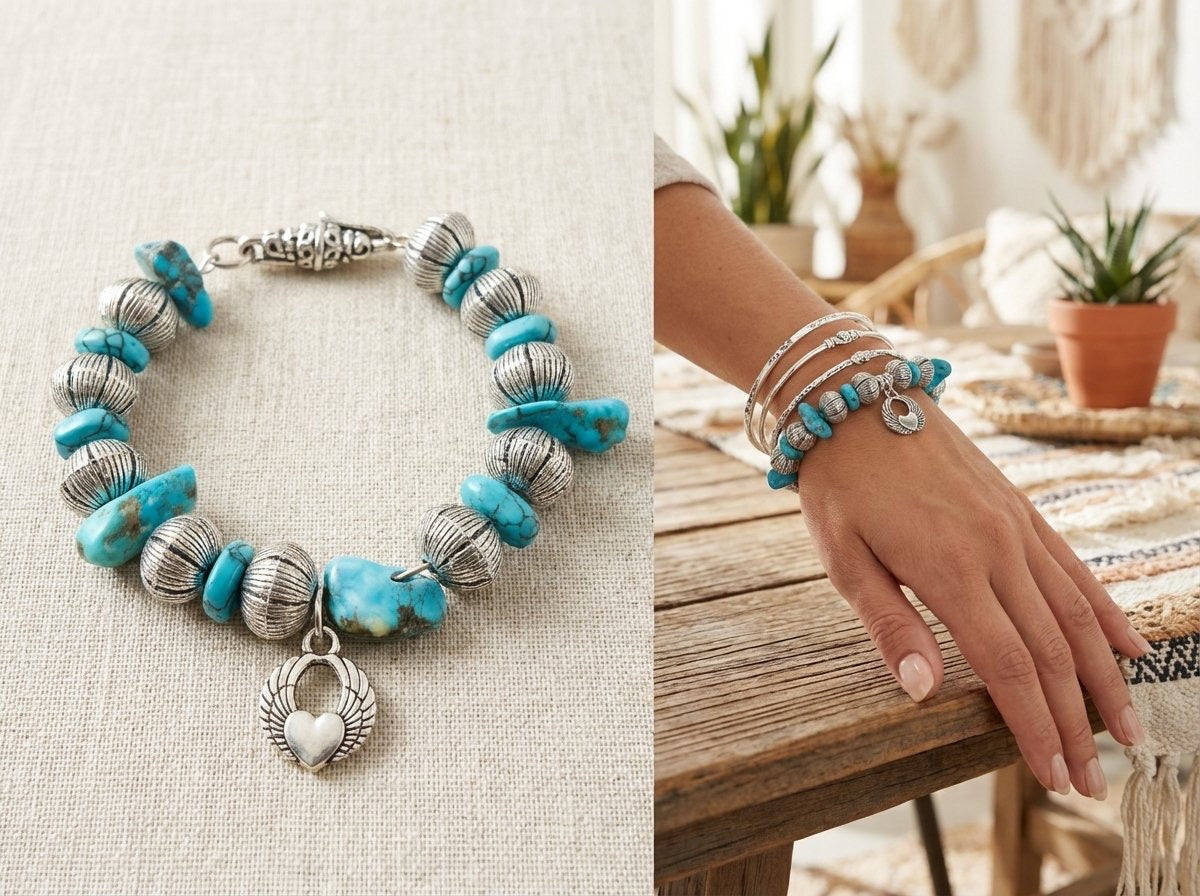 Silver and Turquoise 8 Inch Hand Beaded Bracelet One‑of‑a‑Kind