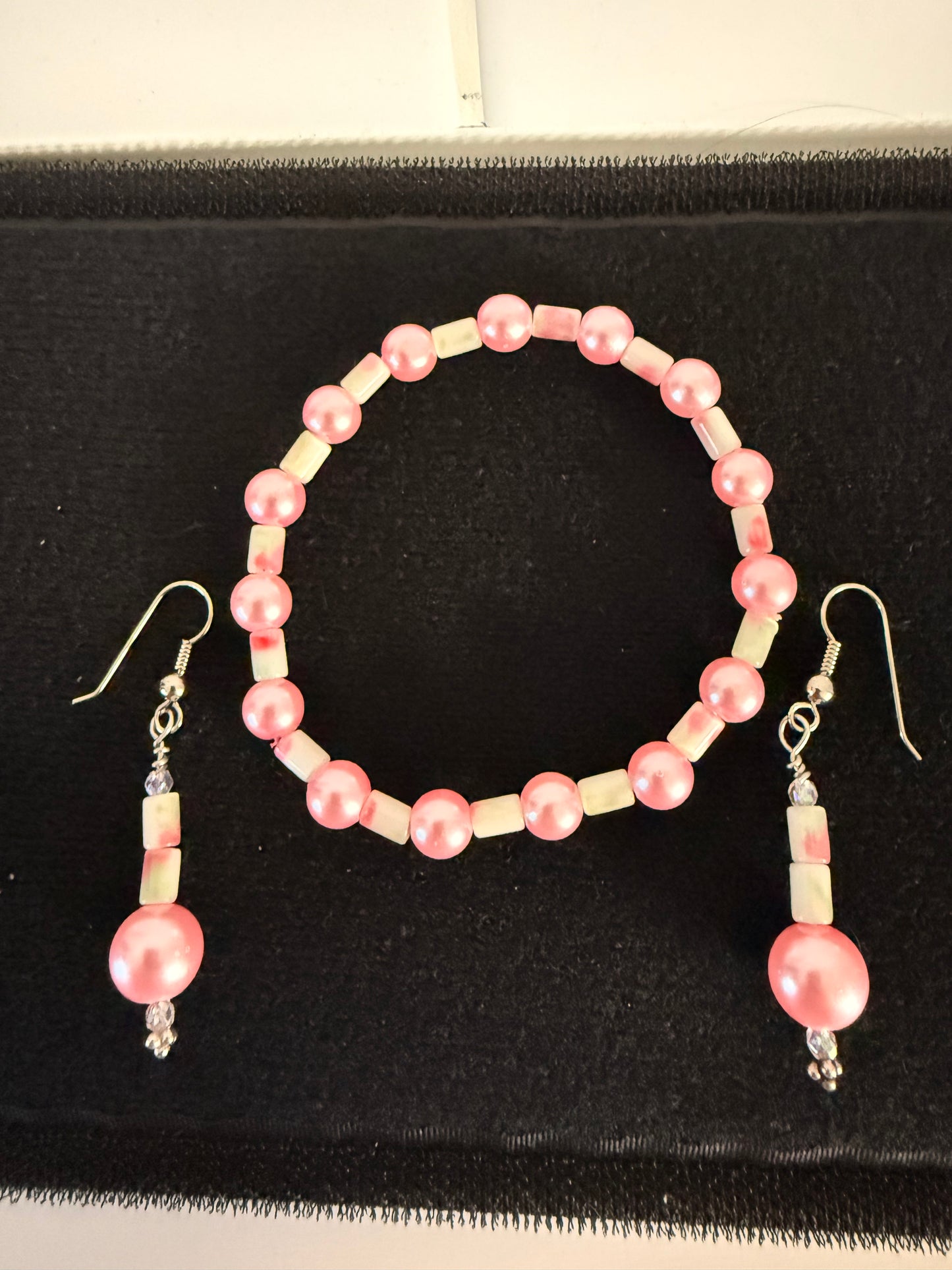 8" Pink Pearl Beaded Bracelet & Earring Set – Handmade by Today’s Hobbies