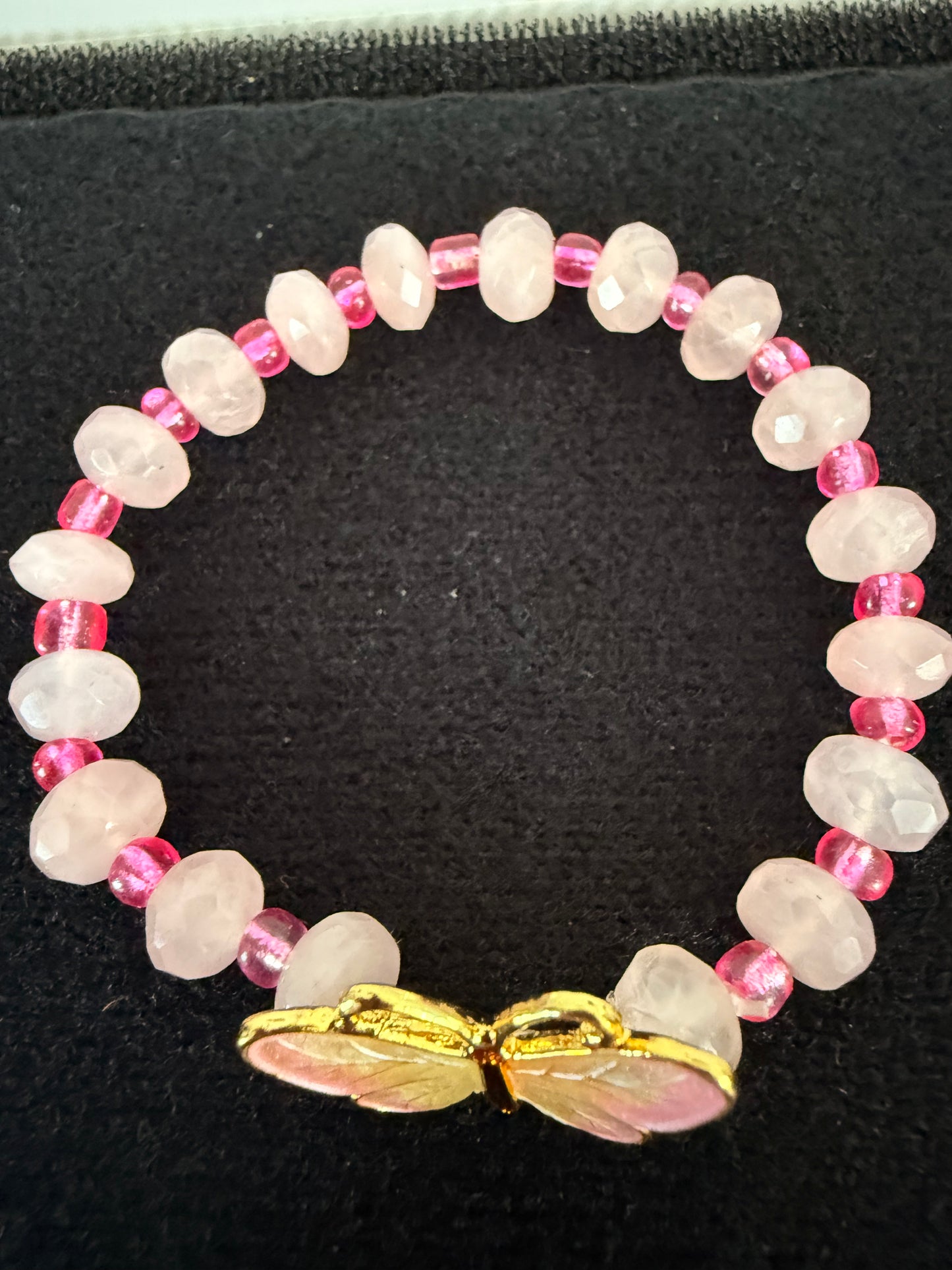 Handcrafted 7-Inch Women's Pink Rose Quartz Beaded Bracelet with Gold Butterfly