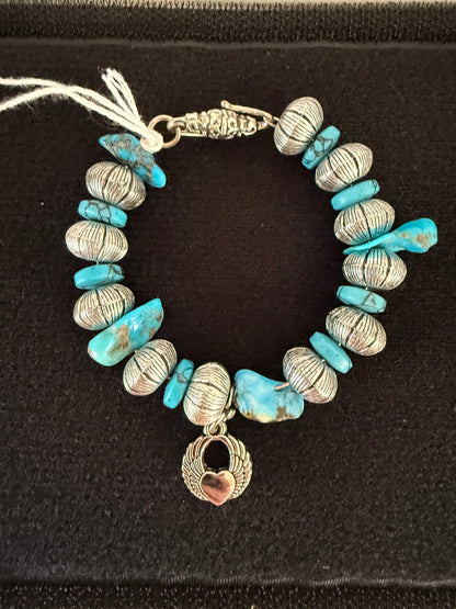 Silver and Turquoise 8 Inch Hand Beaded Bracelet One‑of‑a‑Kind