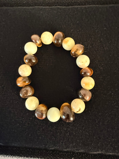 Handcrafted 7" Elastic Beaded Bracelet – Cream & Brown Gemstone‑Style Beads – Stretch Boho Bracelet for Everyday Wear & Gift Giving
