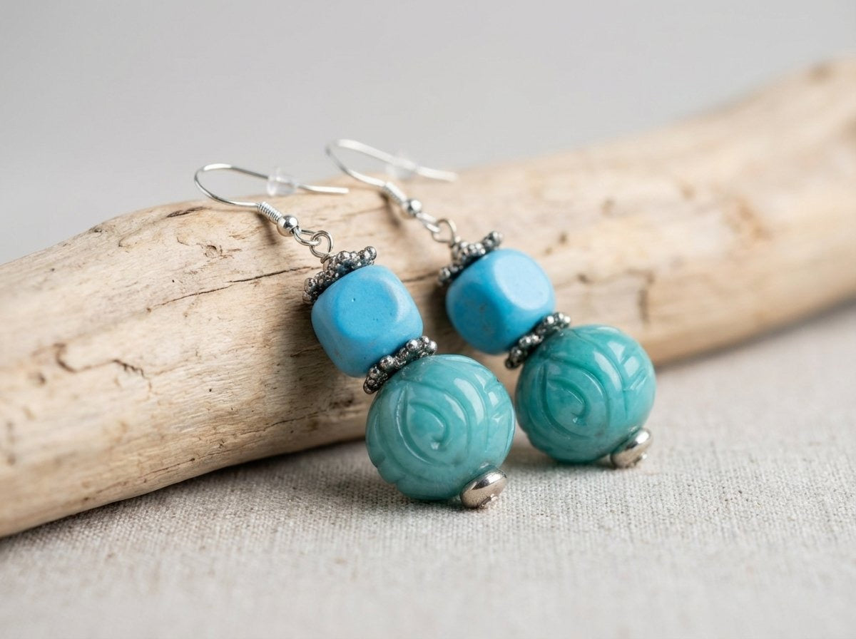 Turquoise and Wood Dangle Earrings – 1 Inch Handmade Boho Earrings