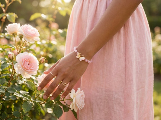 Handcrafted 7-Inch Women's Pink Rose Quartz Beaded Bracelet with Gold Butterfly