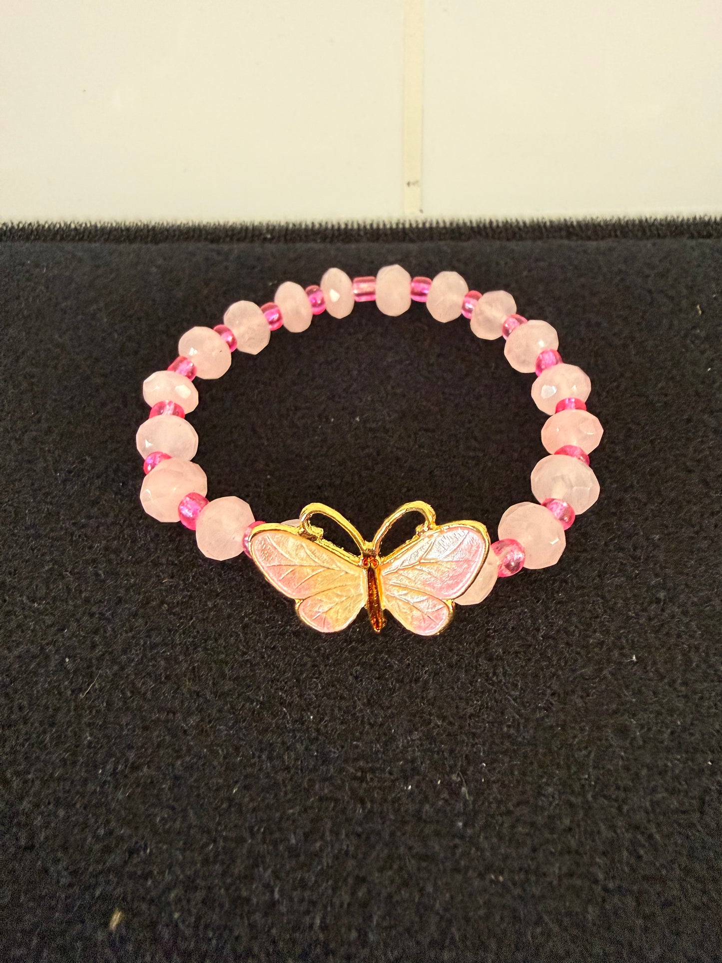 Handcrafted 7-Inch Women's Pink Rose Quartz Beaded Bracelet with Gold Butterfly