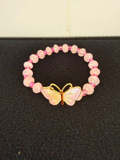 Handcrafted 7-Inch Women's Pink Rose Quartz Beaded Bracelet with Gold Butterfly