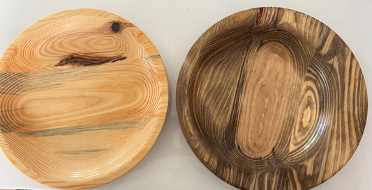 Two wooden artisan home decor bowls with natural wood grain patterns from Today's Hobbies