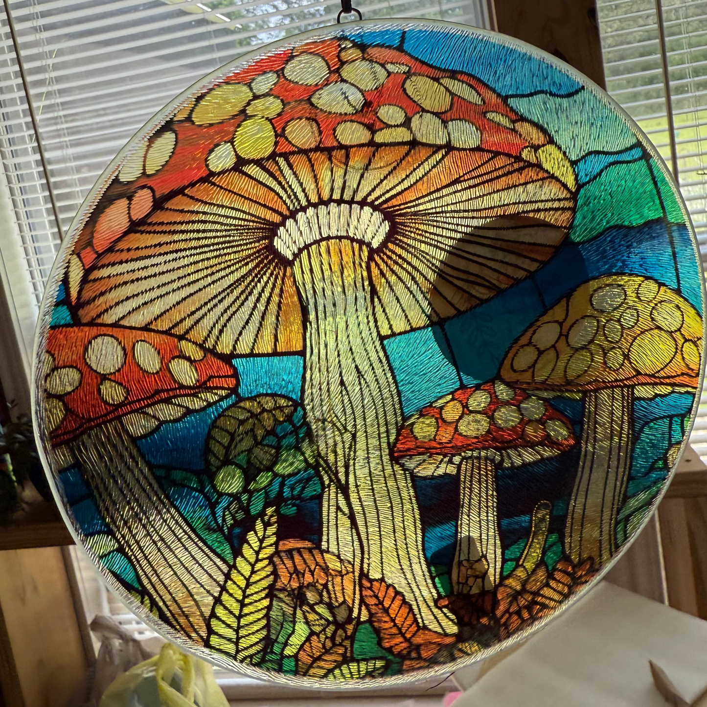 Colorful mushroom window decor sublimation glass with vibrant stained glass style design