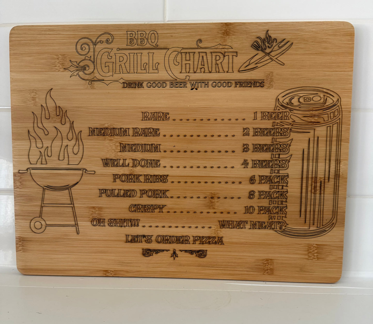 Funny Christmas cutting board wood BBQ grill chart with beer and meat cooking levels