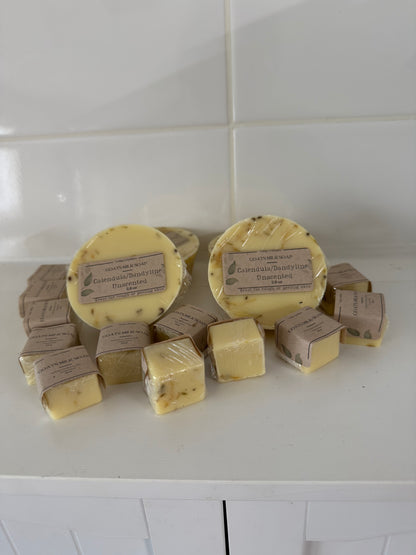 Hand-poured calendula soap by Today’s Hobbies displayed as round and square goats milk soap bars
