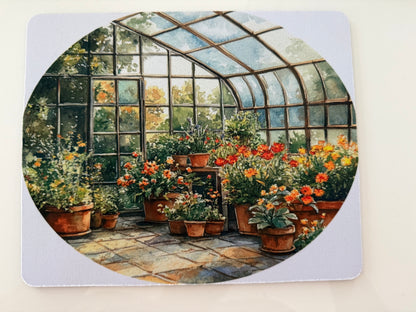 Today's Hobbies sublimation mat featuring a greenhouse scene with vibrant flowers perfect for handcrafted gift ideas