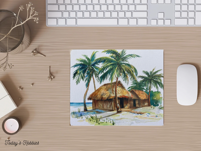 Sublimation mouse pad with tropical beach scene featuring palm trees and huts handcrafted gift ideas