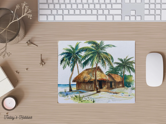 Sublimation mouse pad with tropical beach scene featuring palm trees and huts handcrafted gift ideas
