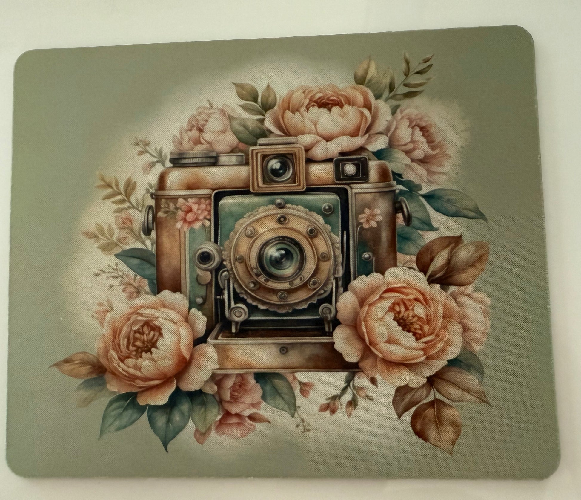 Sublimation print of vintage camera surrounded by peach flowers handcrafted gift ideas by Today’s Hobbies