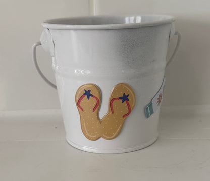 White tin with painted beach sandals and starfish design from handcrafted home organizer set