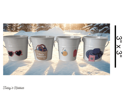 Handcrafted home organizer set of four decorative white tins with summer-themed designs by Today's Hobbies