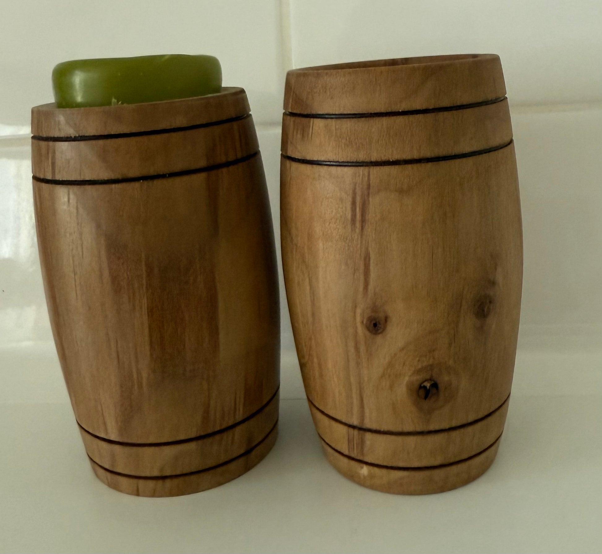 Handcrafted wooden home decor salt and pepper shakers shaped like barrels by Today's Hobbies